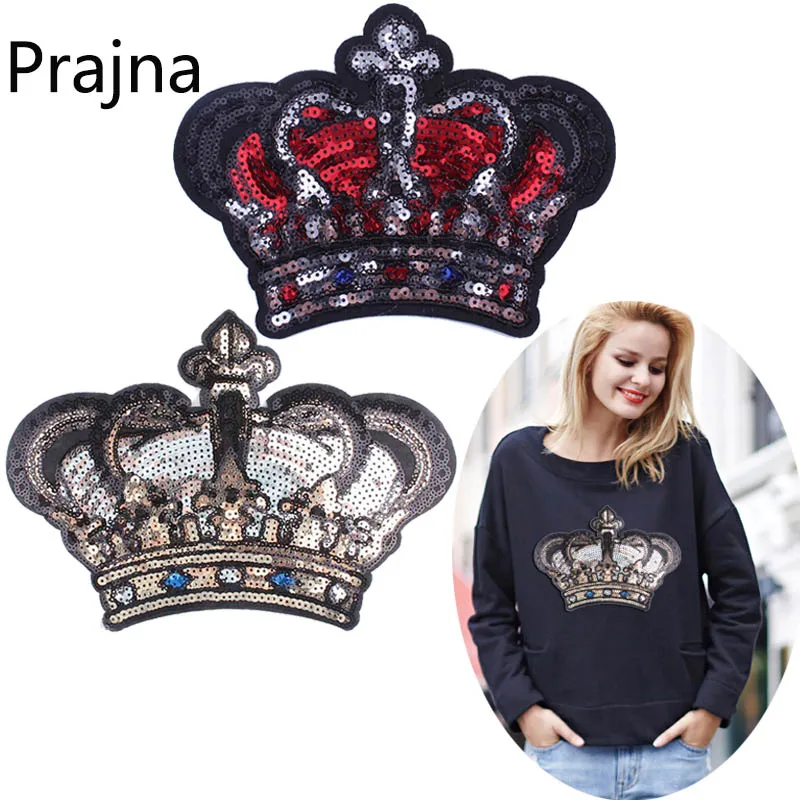 Prajna Queen Crown Patches Big Golden Sequins Patch T-shirts Cartoon Decoration For Clothes DIY Iron On Patches Fashion Applique