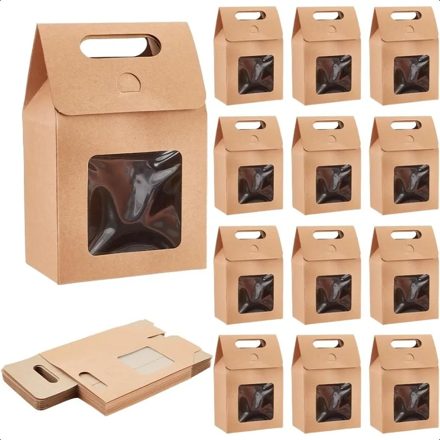 

24pcs Goodies Boxes Small Gift Boxes Gable Candy Treat Box Kraft Paper Box with Clear Windows for Bread Donuts Chocolate Birth