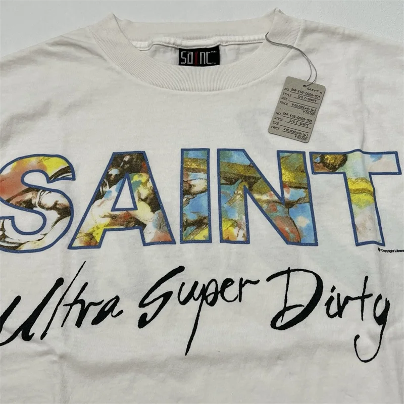 Oil Painting SAINT MICHAEL Short Sleeves Men Women 1:1 Best Quality SUPER DIRTY Saint Logo Vintage White Retro T Shirts