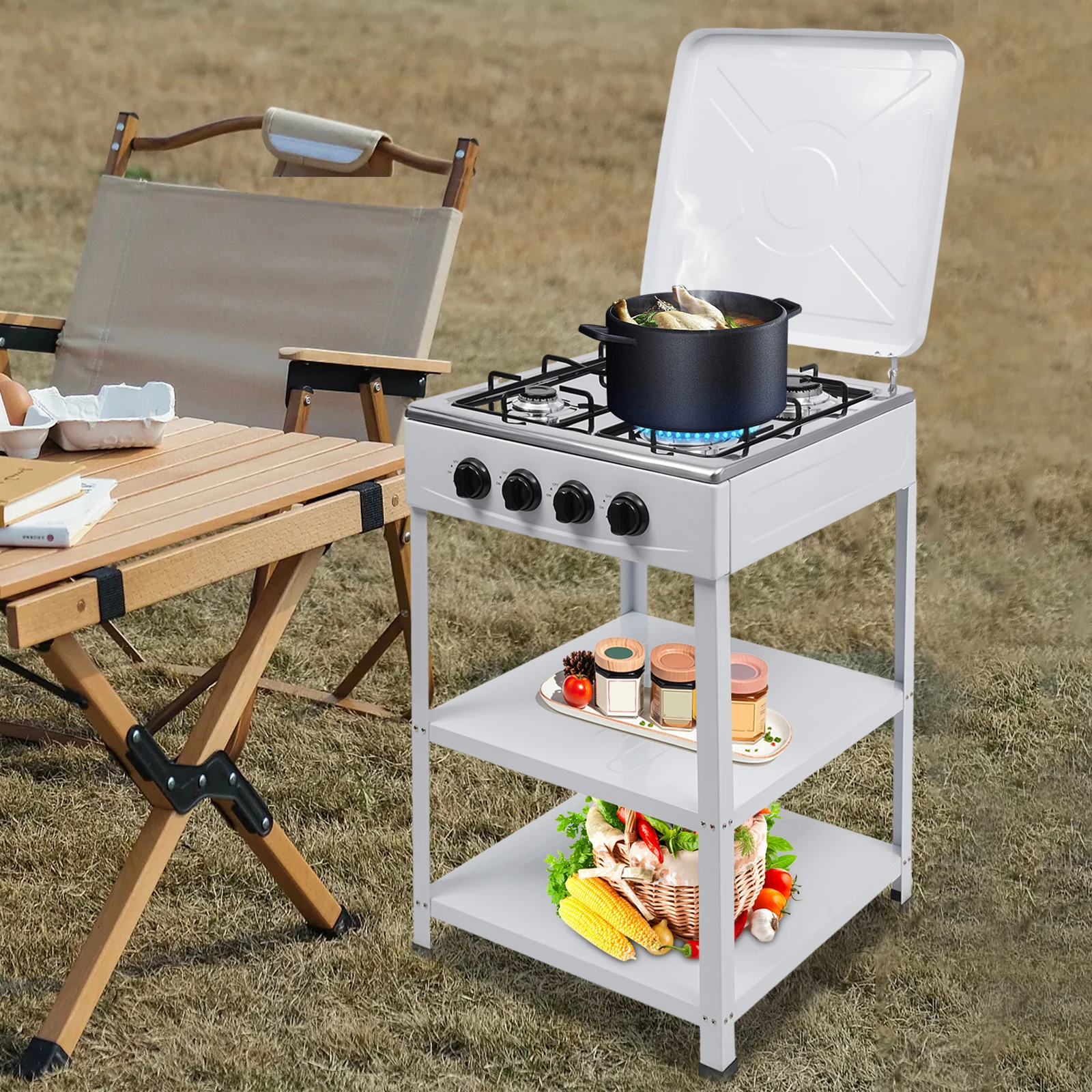 

4-Burner Emergency Preparedness Stove with Storage Shelf, Versatile Outdoor Cooker for Camping, Fishing & RV Adventures