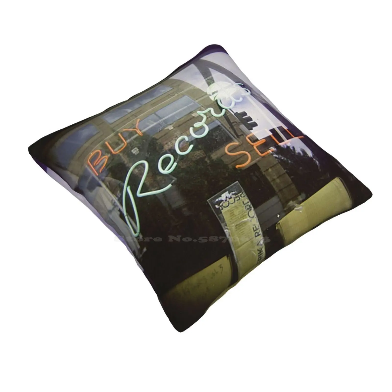 Never Cool Enough To Work At A Record Store Funny Cute Decor Square Pillowcase Film Cool Neon Portland Analog City Urban Sign