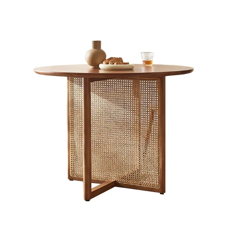 Medieval small apartment solid wood dining table New Chinese retro rattan round table Balcony Household wabi-sabi