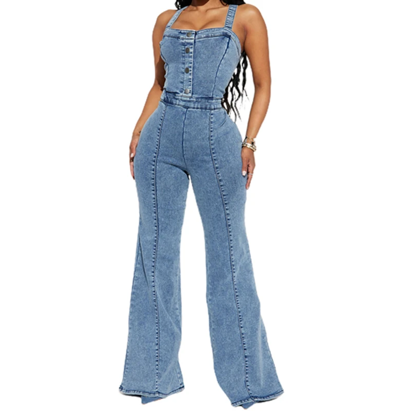 Slim Sleeveless Backless Wide Strap Buttons Elastic Cotton Long Denim Jumpsuits Women Jeans Overalls Woman Flare Pants One Piece