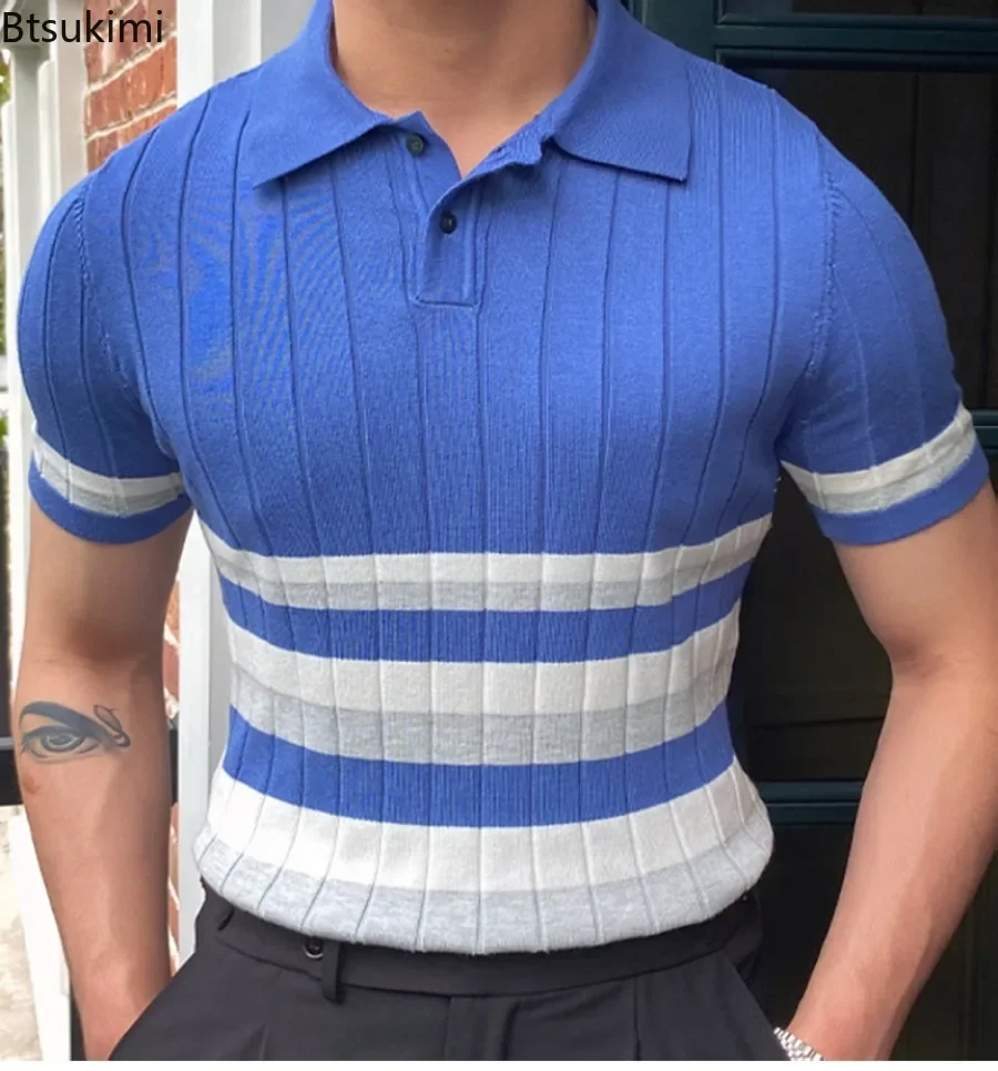 New Men's Short Sleeve Knitted Shirt 2024 Summer Trend Patchwork Polo Shirt Business Casual Tops Comfort Sport T-shirts Men Golf