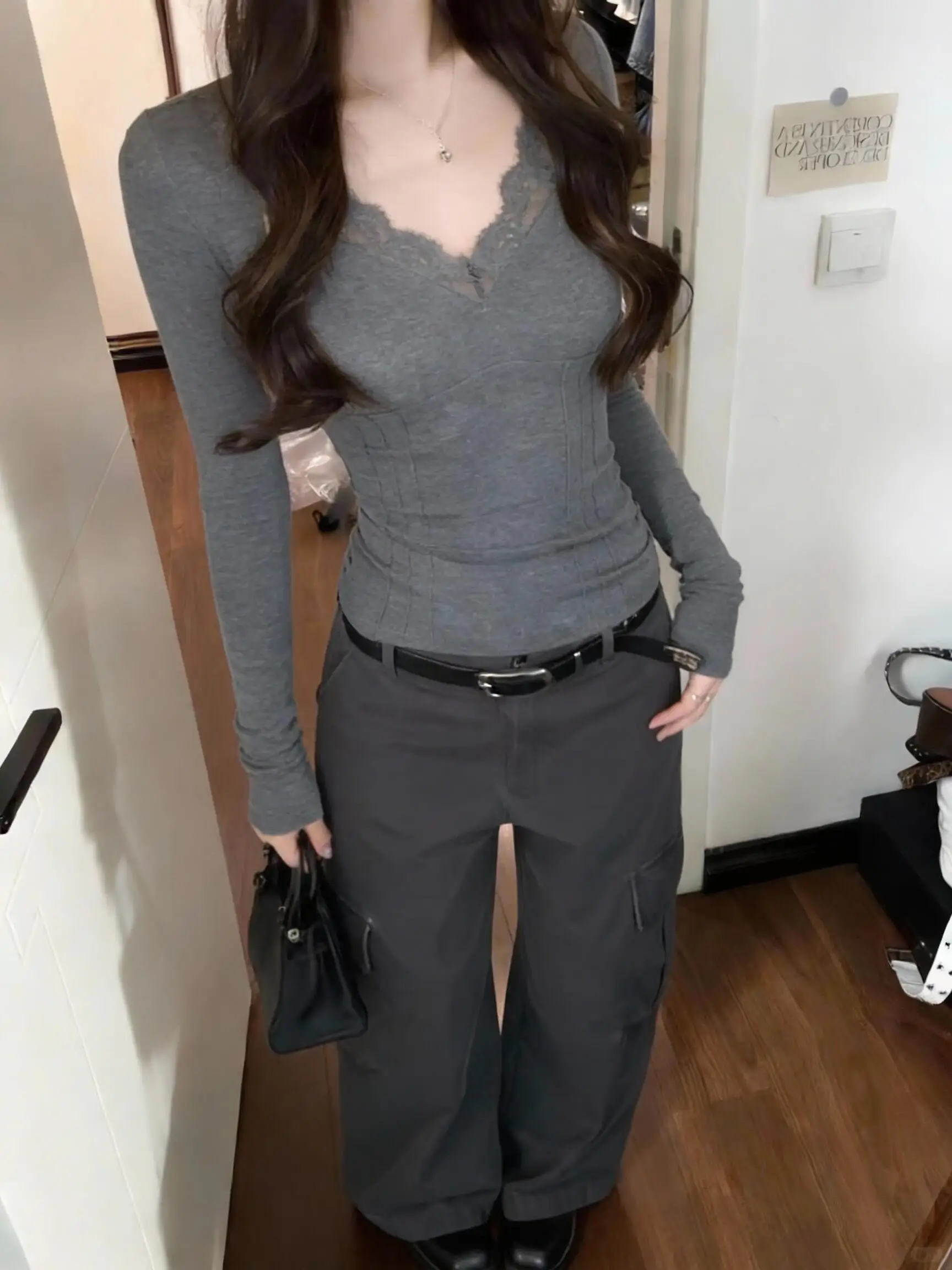 아메리칸 슬레 롱 슬리브 레이스 패치워크 티셔츠 여성용 초봄 BM 슬림핏 이너웨어 싱글 숄더 탑 시 워크