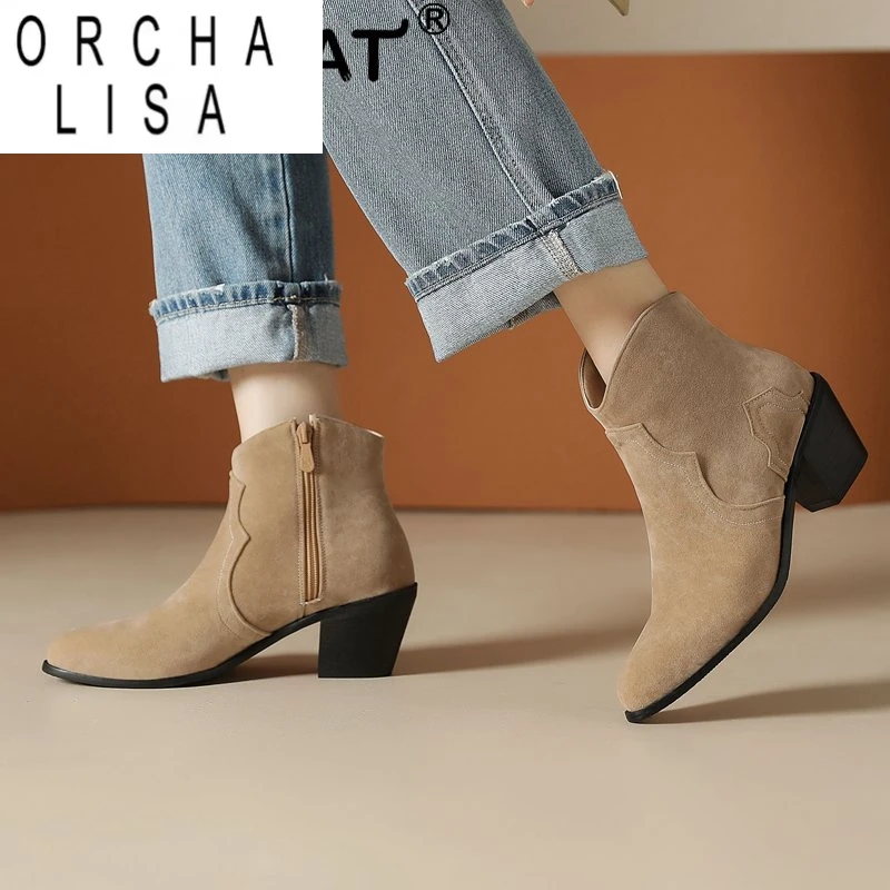 

ORCHA LISA Female Ankle Boots Flock Suede Pointed Toe Block Heels 6cm Zipper Large Size 45 46 47 48 Leisure Daily Western Bootie