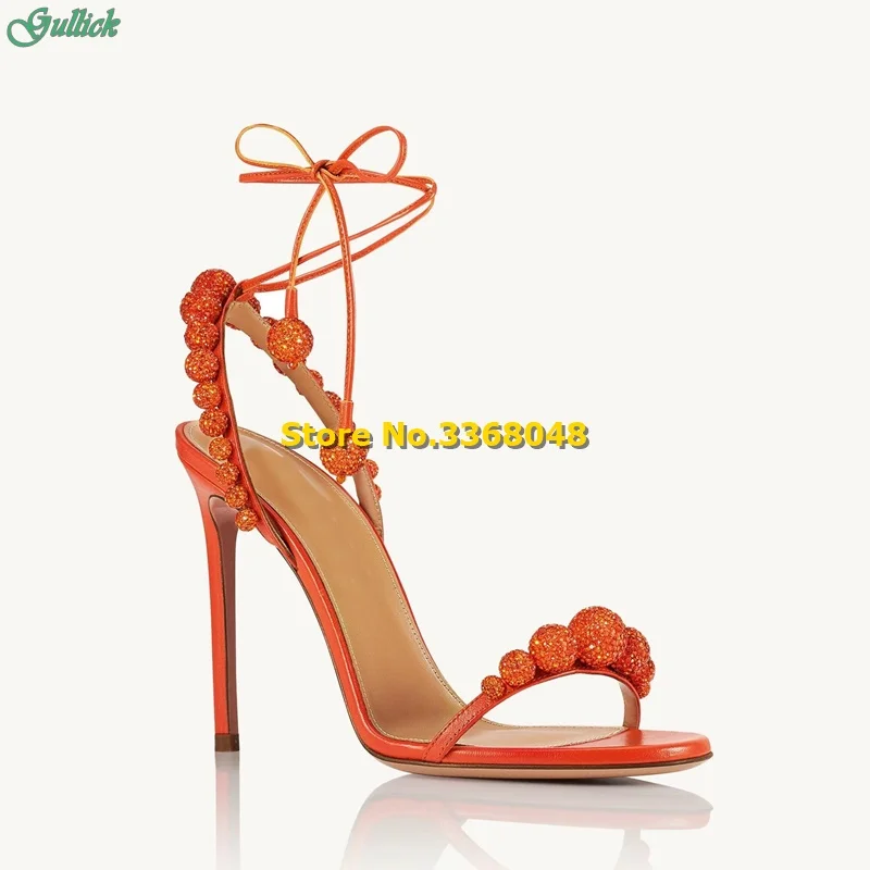 Sparkle Crystal Ball Lace Up Sandals Stiletto Thin High Heel Yellow Orange Open Toe Strap Fashion 2024 New Arrivals Shoes