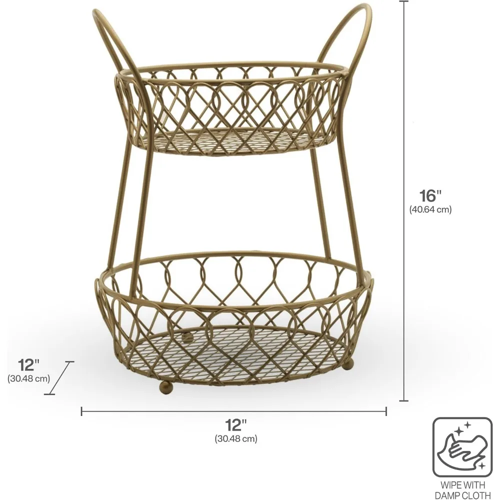 2-Tier Round Metal Fruit Storage Basket with Matte Gold Finish, Large Capacity for Kitchen & Home