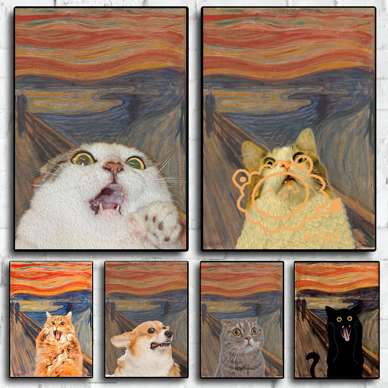 Munch The Scream Poster Funny Cat  Animal Canvas Painting Screaming Cat Modern Wall  Art Picture Living Room Bedroom Decoration