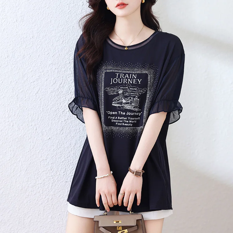 

2023 Summer New Women's Blue Silk Solid O-Neck Top Shirt Loose Large Short Sleeve Printed Diamond Lace Splice Slim T-shirt