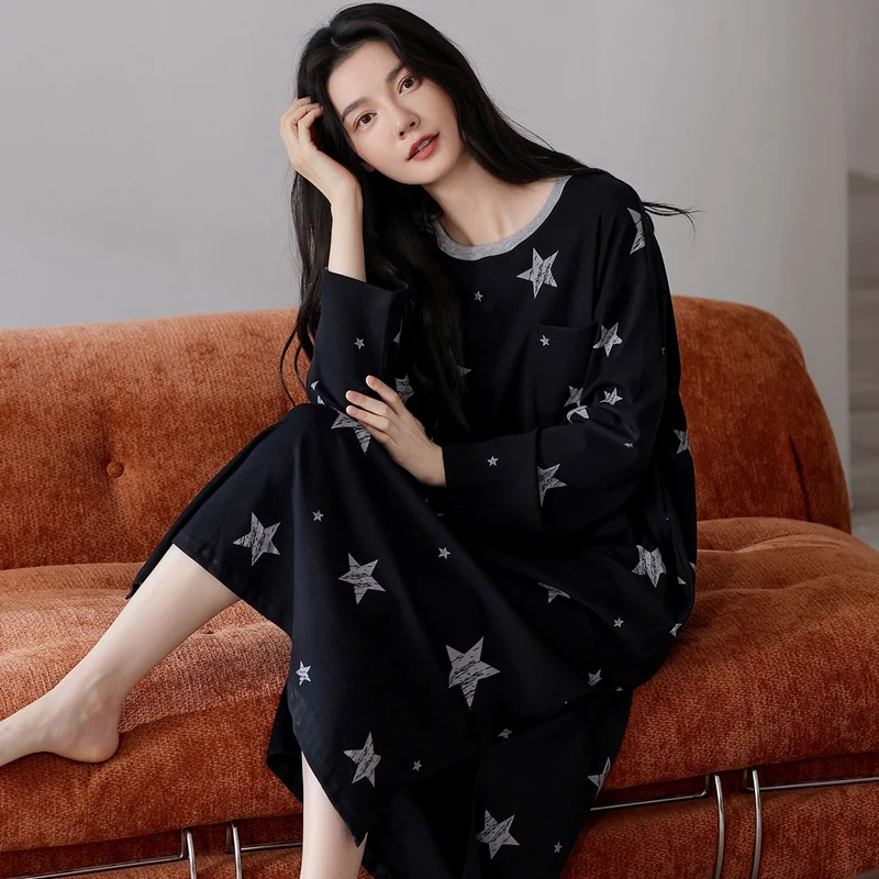 

Осень 2024, ночные рубашки из 100% хлопка с длинными рукавами и принтом для женщин, корейская свободная одежда для сна, ночное платье, ночная рубашка, женская домашняя ночная рубашка