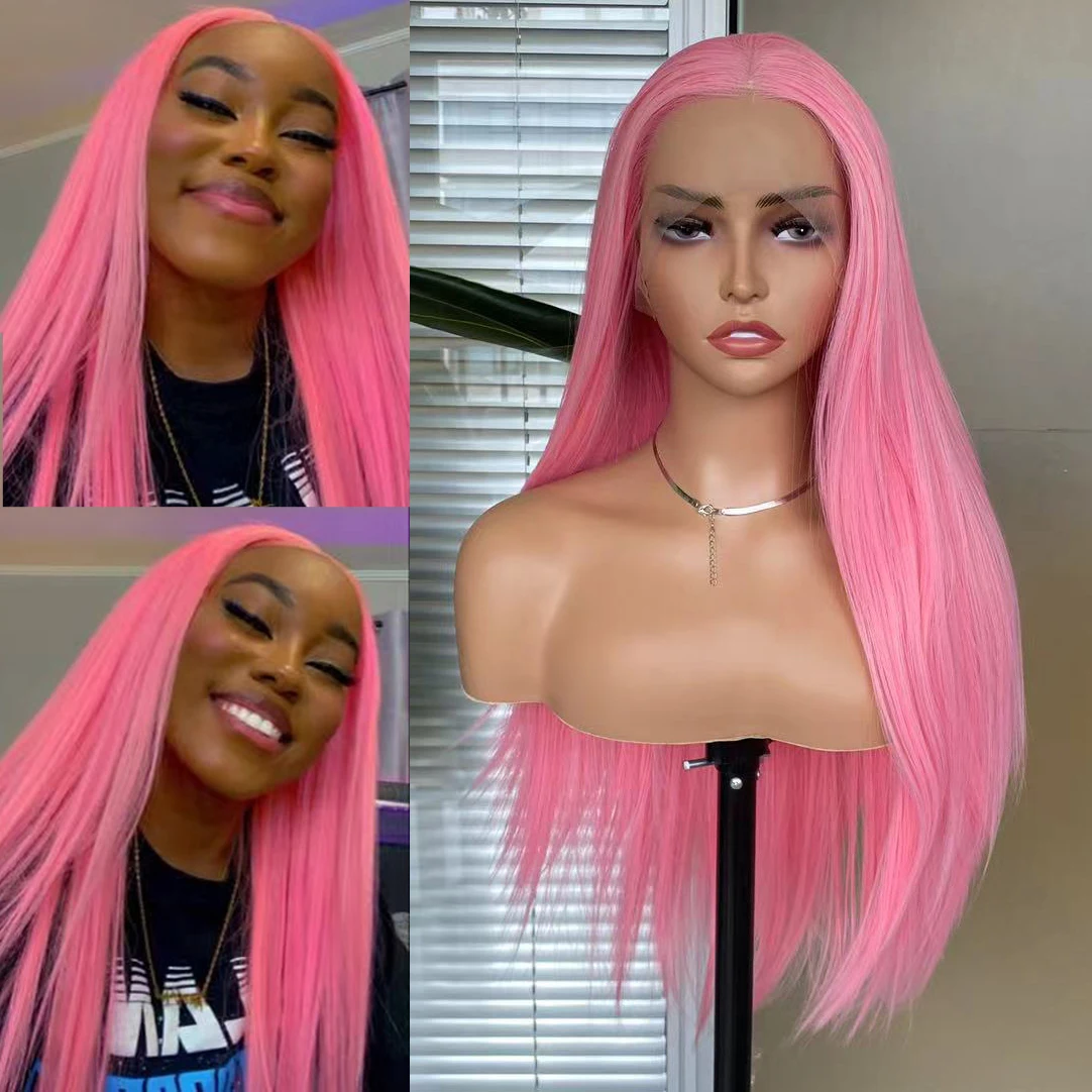 AIMEYA Pink Wig for Fashion Women Long Silky Straight Synthetic Lace Front Wig Natural Hairline Synthetic Lace Wig Blue/Blonde