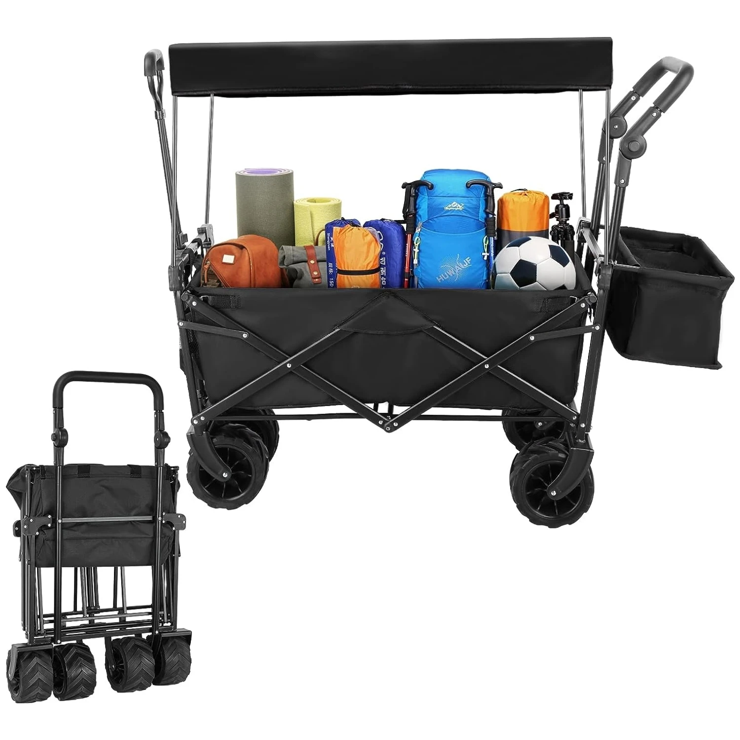 AOOU Large Collapsible Wagon w/Removable Canopy Foldable Garden Cart W/ Big Wheel&Adjustable Handles