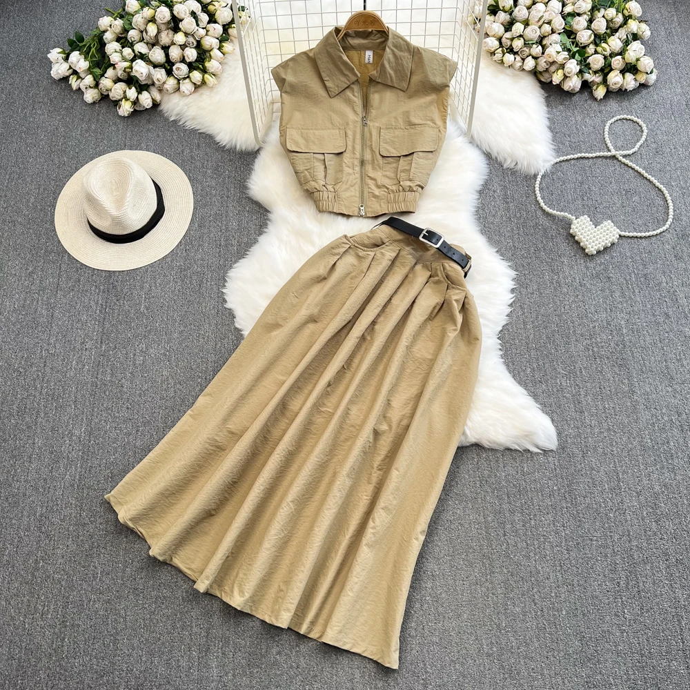 Women Two Piece Skirt Set Polo Neck Sleeveless T Shirt High Waist Drawstring Lace up Shirt Two piece Set High Waist A-line Skirt