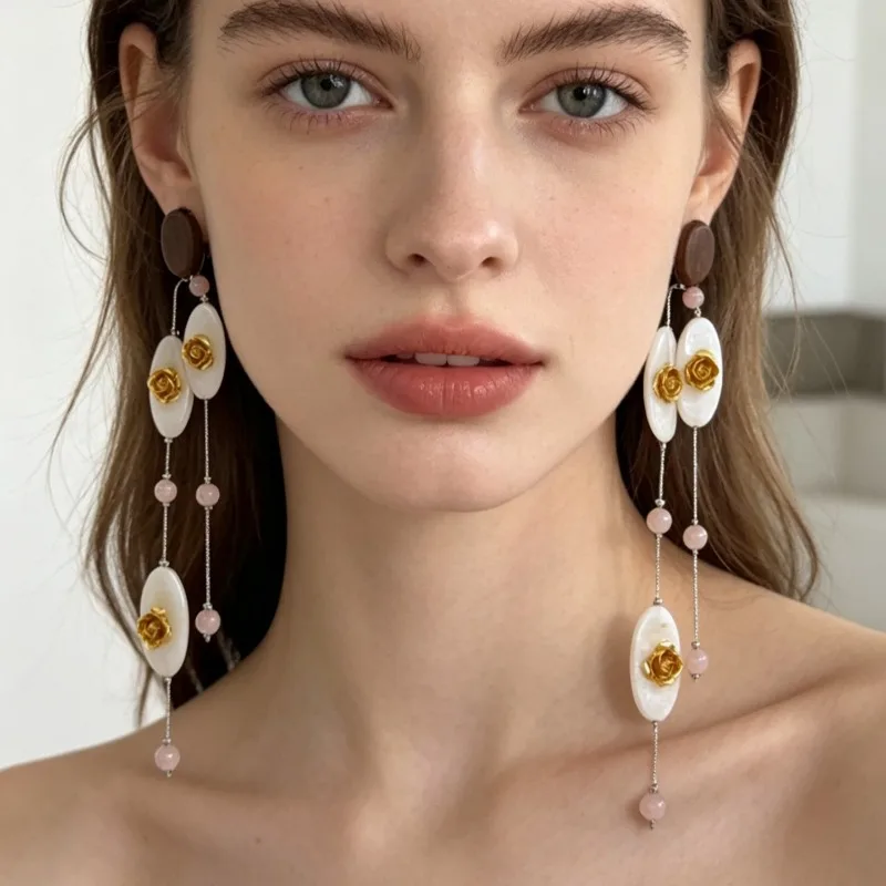 Vintage Shell Gold Flower Long Threader Earrings Bohemian Tassel Dangle Drop Earrings Elegant Retro Holiday Party Ear Ornaments
