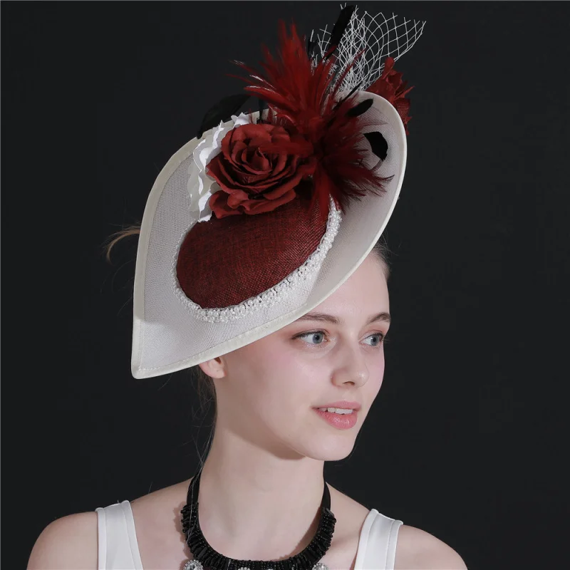 European and American Wine Red Imitation Linen Headwear Bridal Hair Accessories Banquet Photo Feather Headdress
