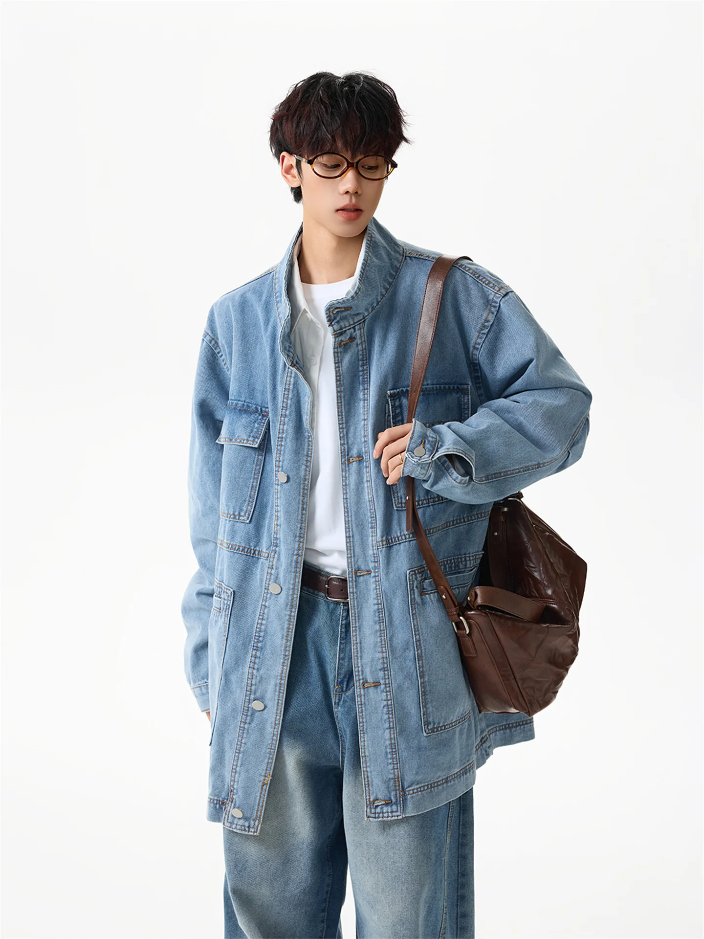 Heavy Duty Washed American Style Long Collar Men's Denim Jacket Multi Pocket Workwear Jacket Casual Loose Fit Spring Jacket