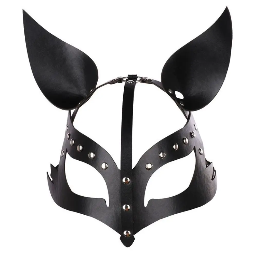 Gothic Adjustable Cat Ear Mask PU Leather Half Face PU Leather Mask Rivet Costume Accessories Halloween Mask Adult