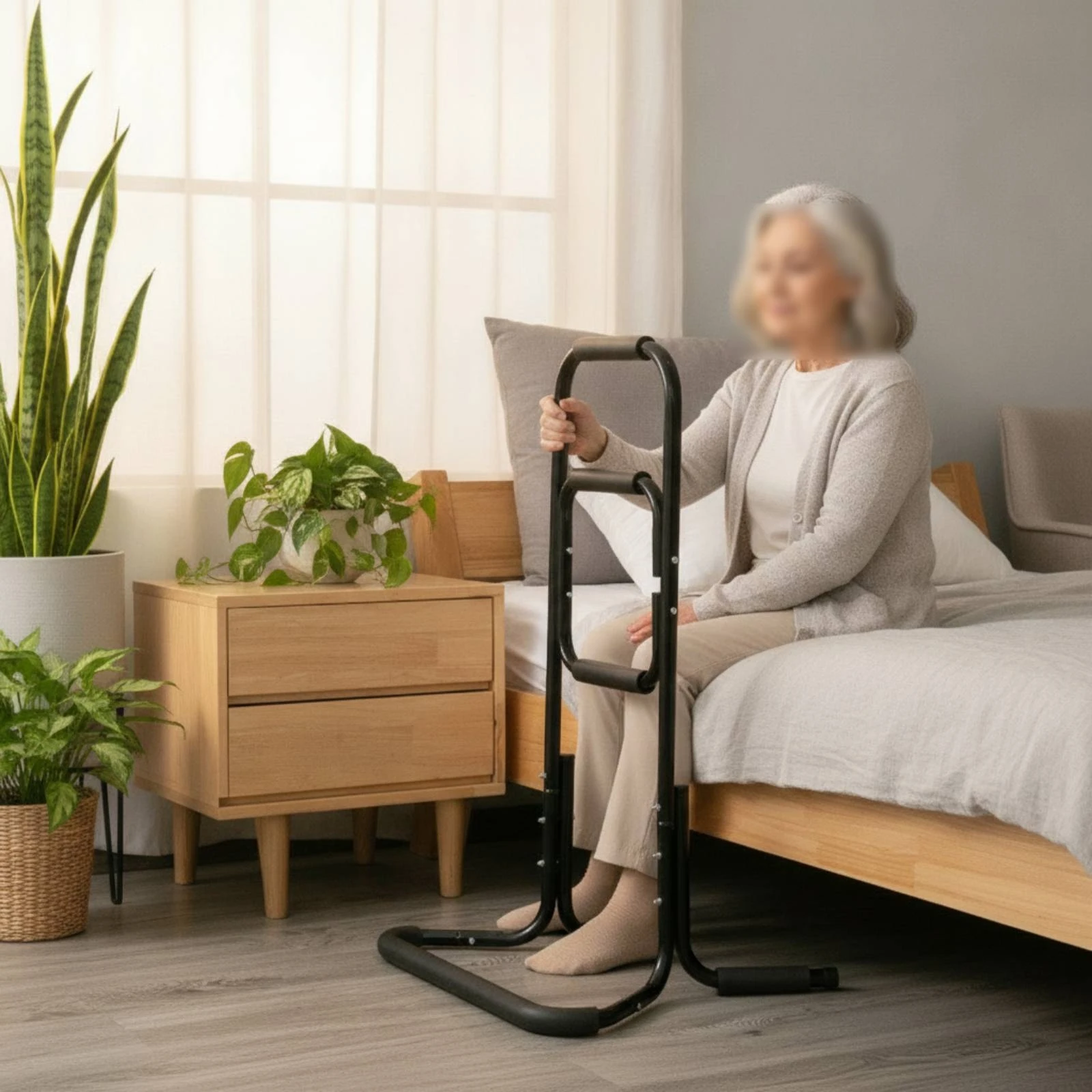 Bedside Support Rail Adjustable Height Bed Assist Handle with Padded Grip Medical Equipment Fall Mitigation for Elderly