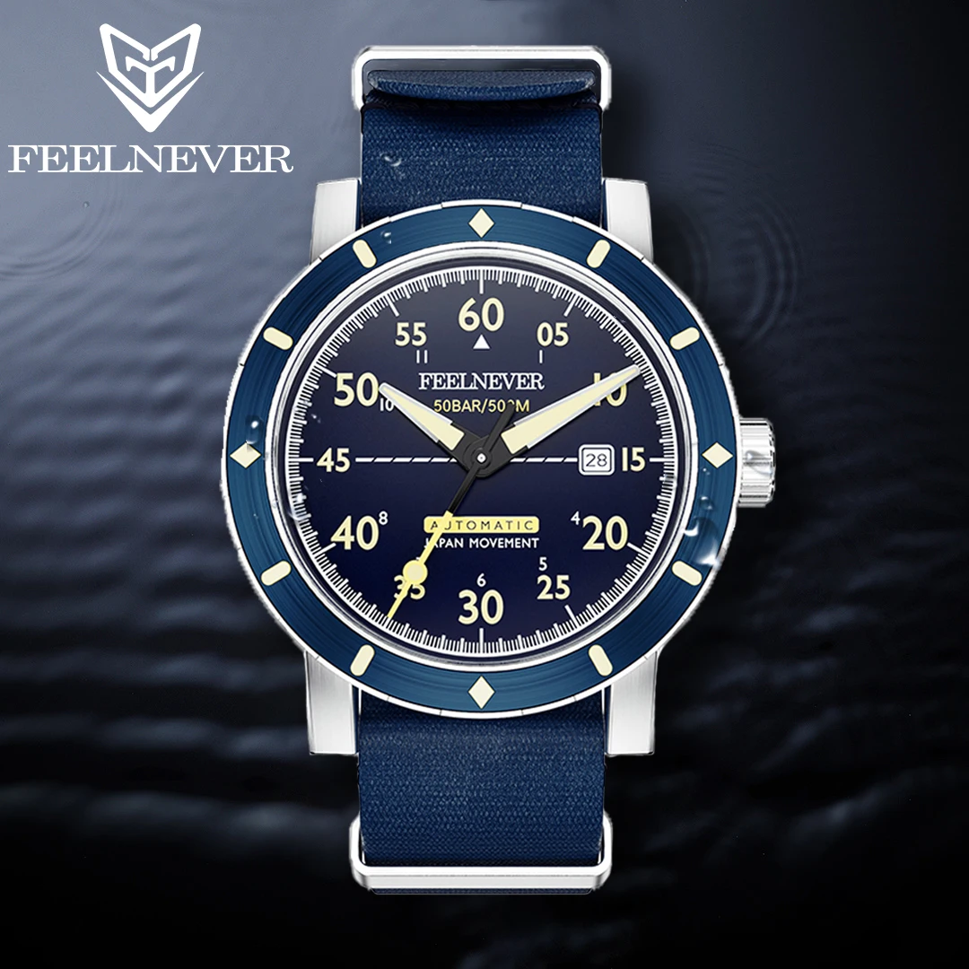 FEELNEVER Original 45MM Men Mechanical Watch 8215 Movement Sapphire Crystal Large Dial Vintage 50Bar Diving Watches Reloj