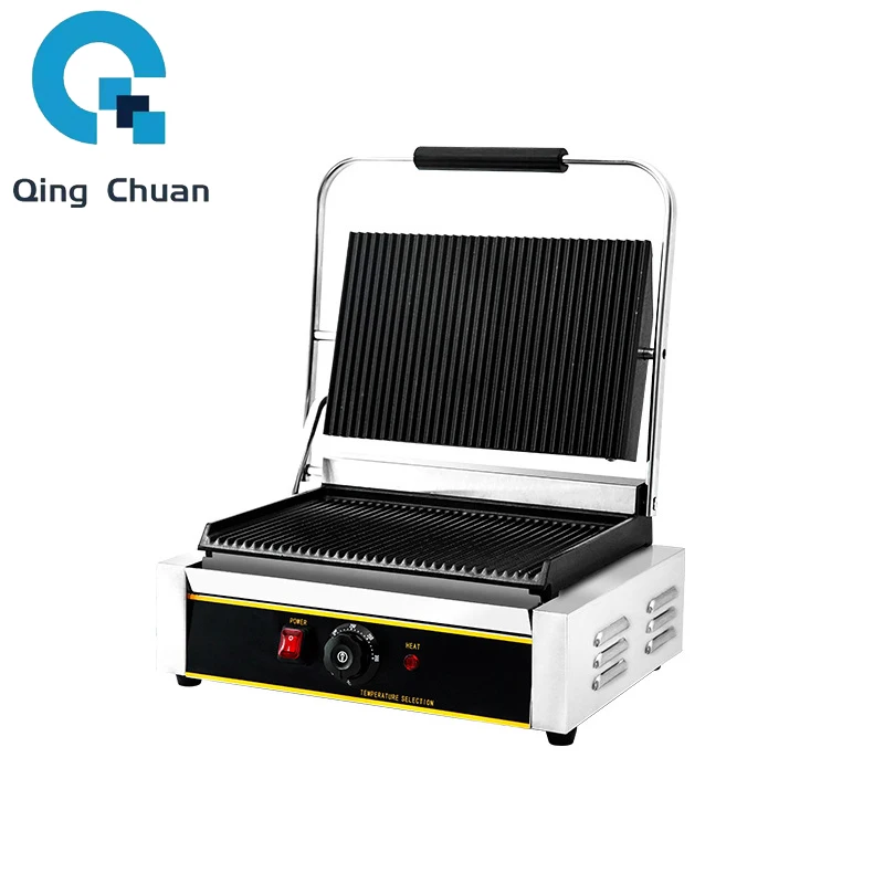 Electric Panini Machine Commercial Single-head Pressing Plate Oven Sandwich Frying Barbecue Striped Meat Steak Maker