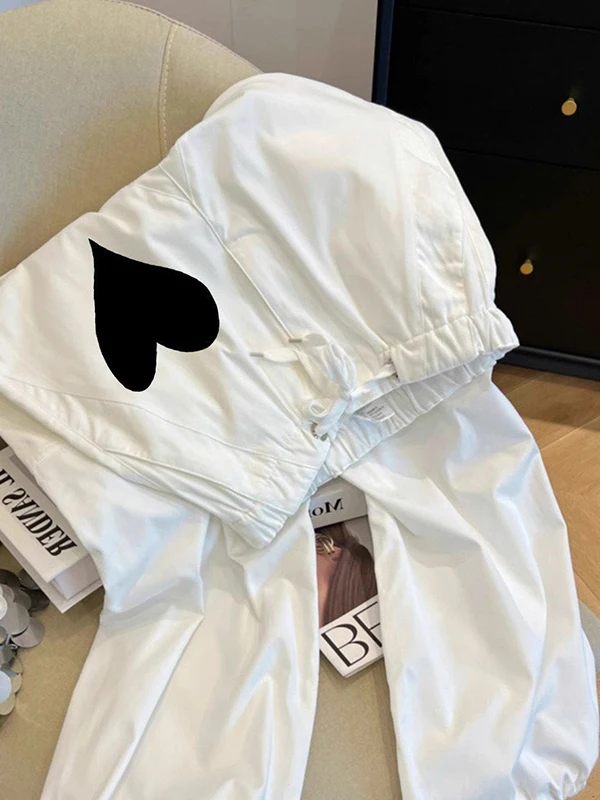 

plus Size Workwear Pants High Waist Printed Drawstring Casual Love Heart Pattern Women's Summer White Comfortable Breathable