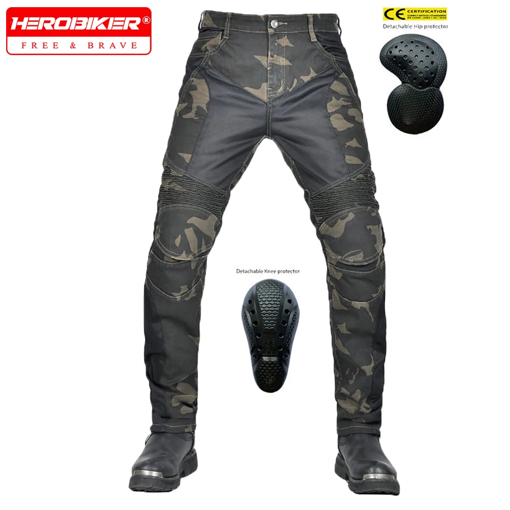 VOLERO Retro Motocross Pants Multi Pocket Camouflage Motorcycle Pants Windproof Moto Cargo Pants Removable Protective Gear