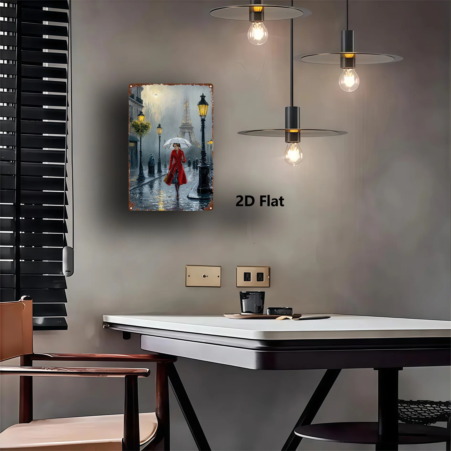 2D Flat, 1pc, Metal Sign, Paris Rainy Night Tin Sign, Woman Holding Umbrella, Eiffel Tower, Street Lamp, Vintage Decorative Sign, for decoration in bathroom, man's den, bedroom, garden, home office, kitchen view 3