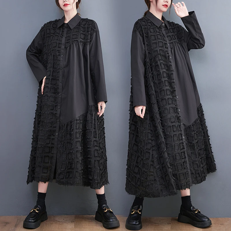 

Bla Collar irt Dr Loose Fit Heavy Crtsmanip Fabric Patchwork Spring Faion High Waist Commute Sle Long Sve