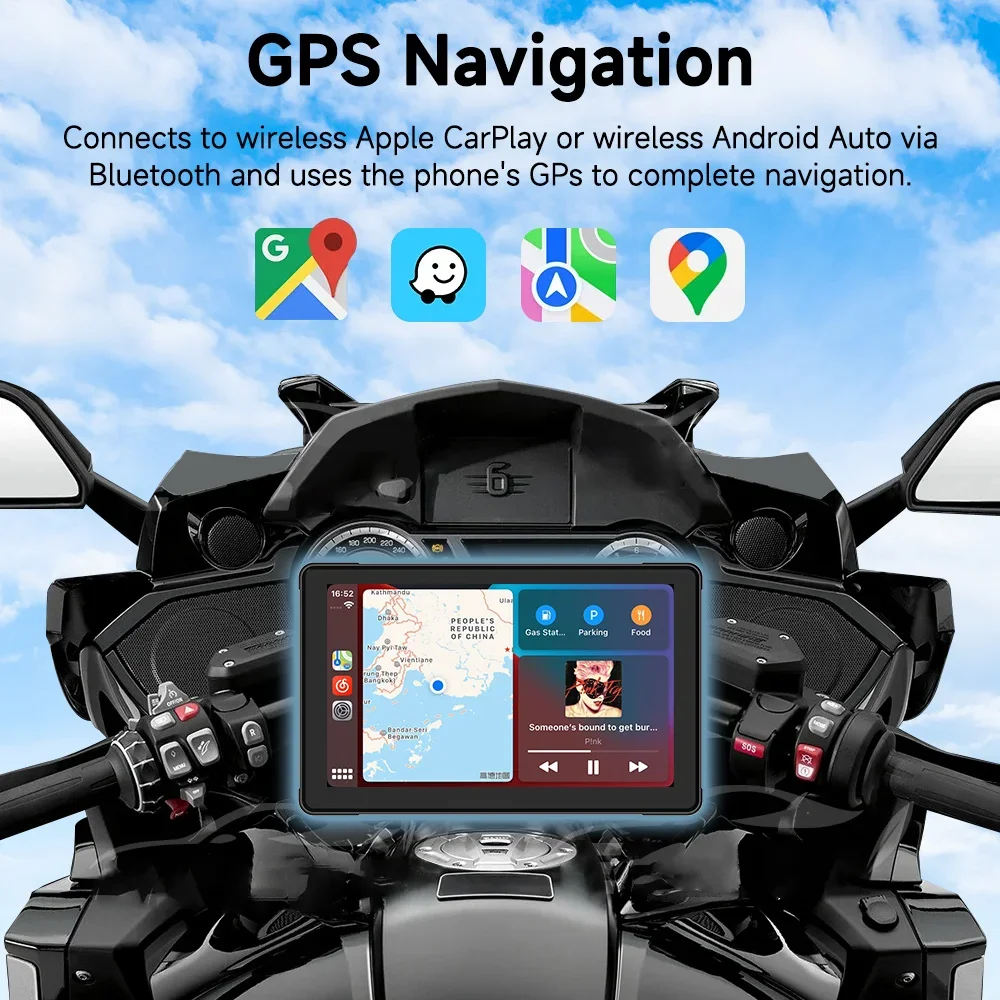 7-дюймовый мотоциклетный мультимедийный плеер IP67 Водонепроницаемый GPS-навигатор Беспроводной CarPlay Android Auto Сенсорный экран Bluetooth