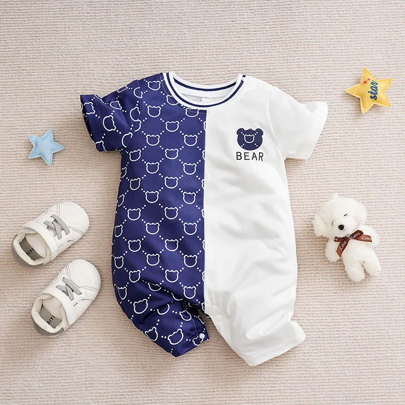 

Newborn BabyBoyGirl Toddler Clothing Jumpsuit Casual Cute Cartoon Teddy Bear Summer Dark Blue Contrasting Short Sleeved Jumpsuit