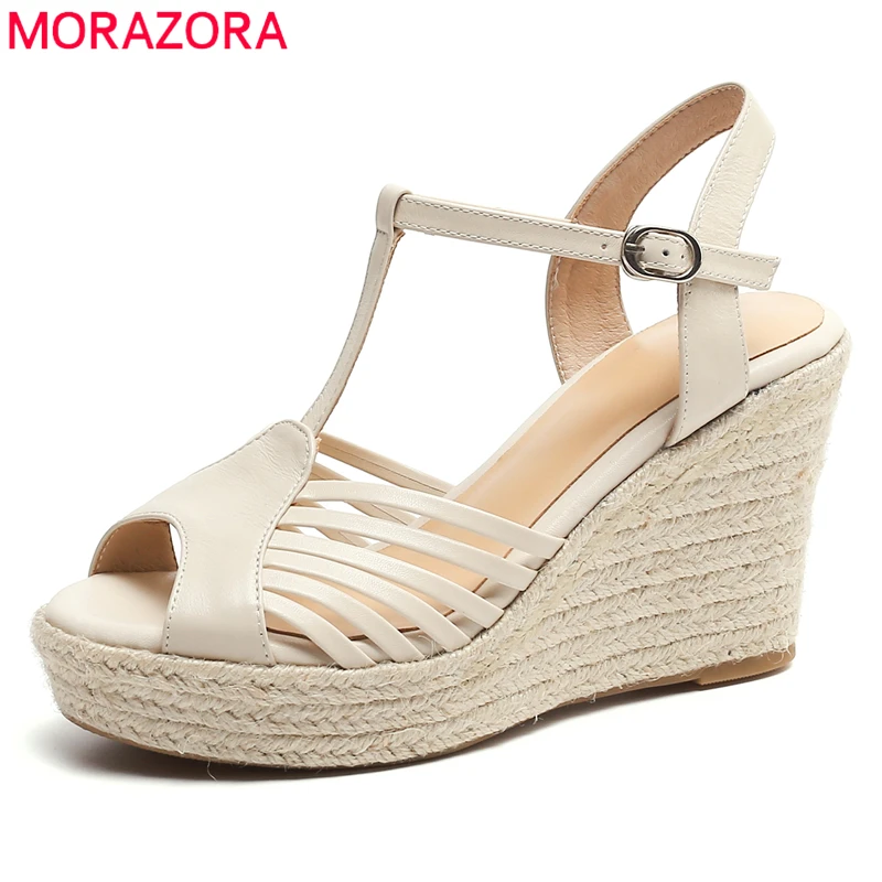 

MORAZORA 2022 New Genuine Leather Shoes Wedges Sandals T-Strap Solid Color Summer Casual Shoes Women Sandals