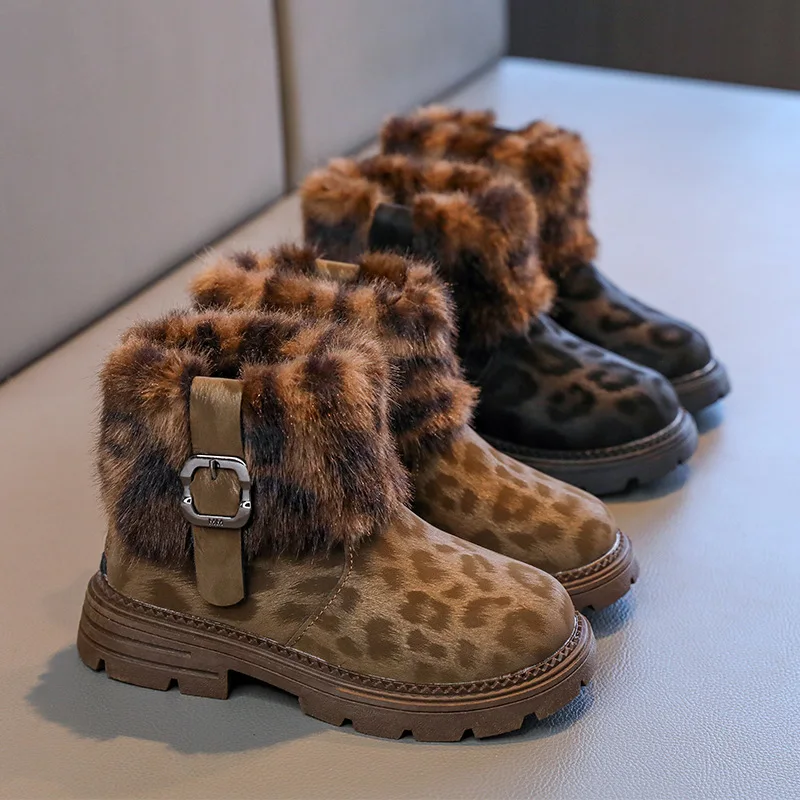

2025 Winter Girls' Fleece Princess Boots Leopard Print Thick Sole Shoes Warm Anti-slip Comfortable Toddler Kids' Ankle Boots