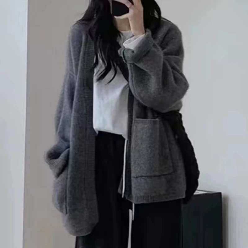 

Korean Loose V-Neck Knit Cardigan Women Autumn 2025 Lazy Style Long Sleeve Sweaters Woman Soft Pockets Medium Long Cardigan Lady