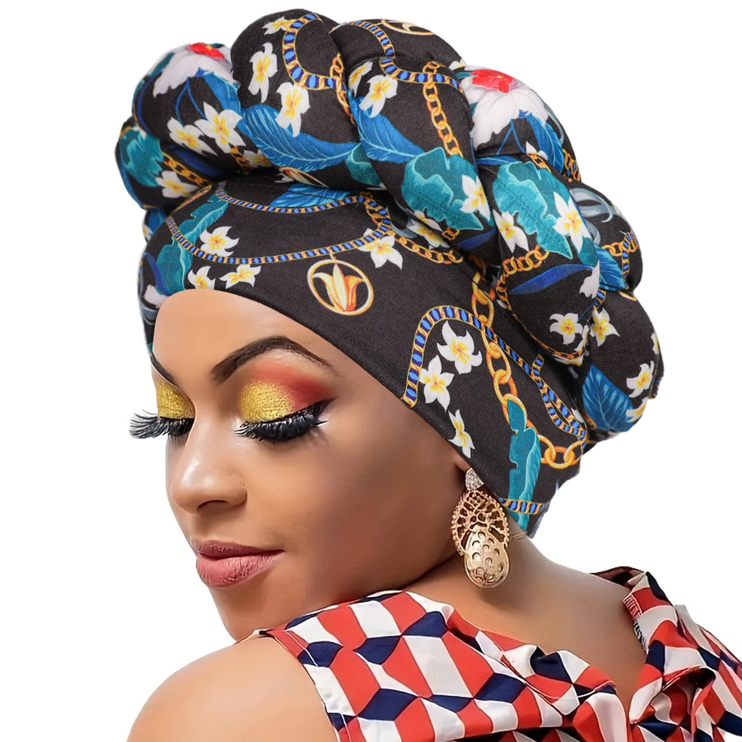 African Big Braid Pre-tied Turban Cap Printing Classic Head Wrap Elastic Bonnet Beanie Chemo Hats For Women