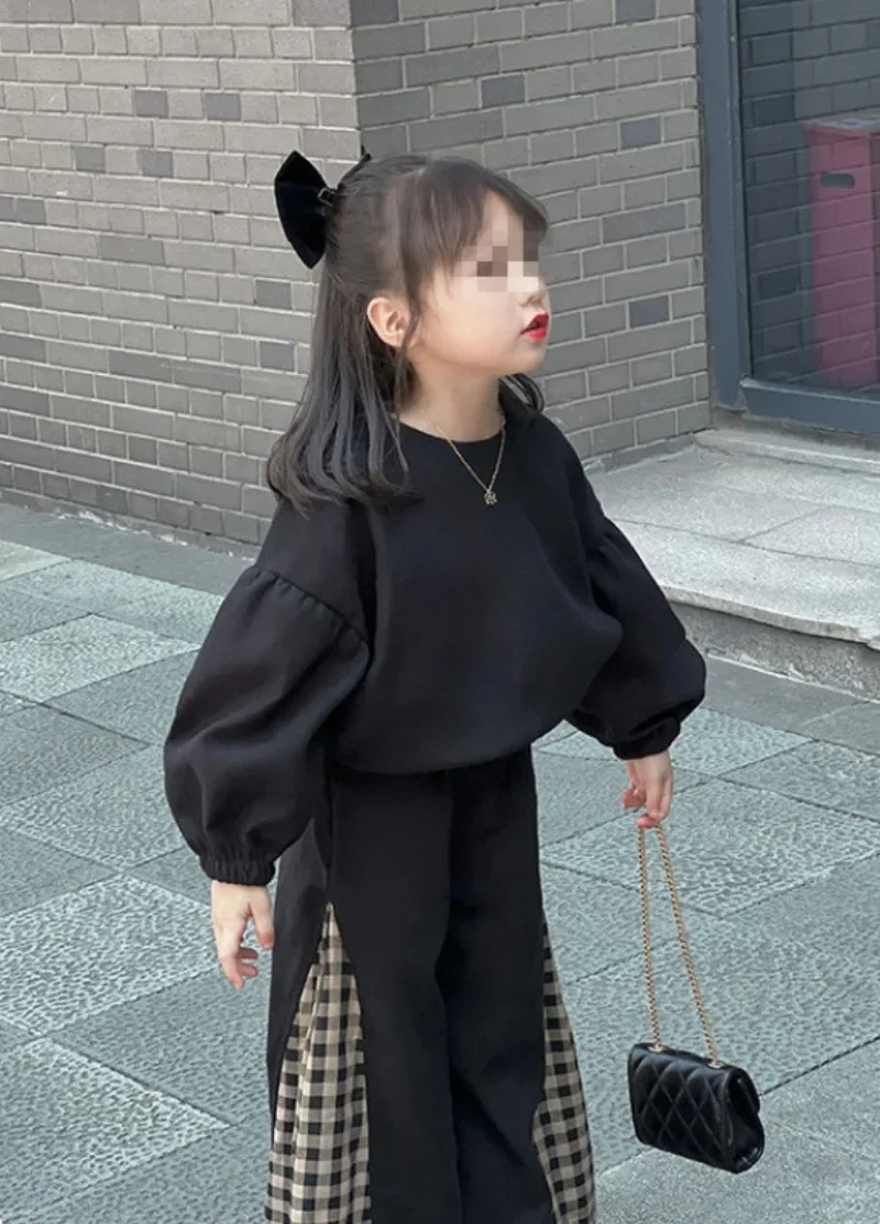 Autumn Girls New Big Bow Two Piece Set Top Plaid Pant Pullover Unhooded Loose Fashion All-match Outdoor