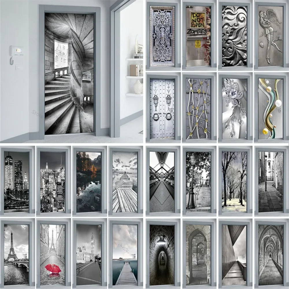 3D Door Stickers Gray Spiral Staircase Building Wall Art Mural Wallpaper Adhesive Whole Door Wrap Cover for Room Home Renovation