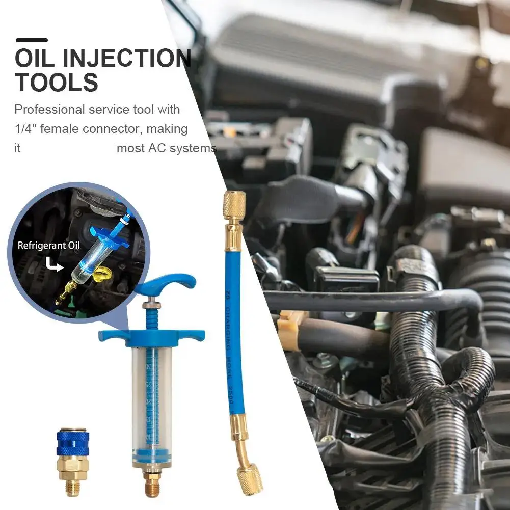 

Car A/C Oil Injector R134A Refrigerant Oil Dye Injection Injector Tool Manual Quick Adapter Oiler Tool Connector 1/4" Screw A6N3