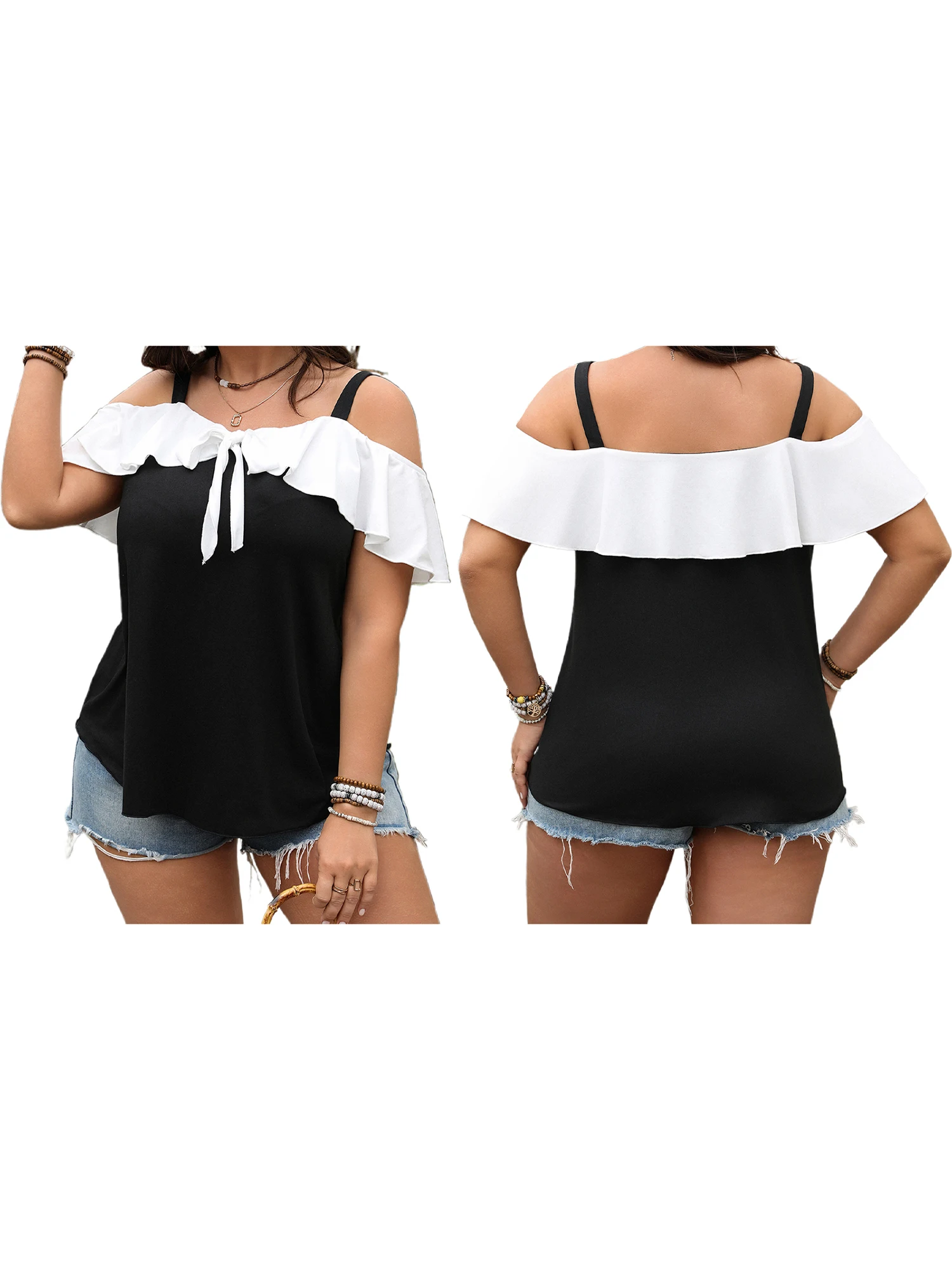 

Elegant Floral Print Sleeveless Blouse with Flattering V-Neckline and Flowy Ruffle Hem for Curvy Women in Summer