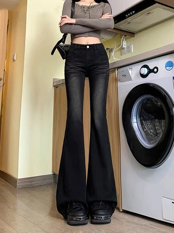Retro American Grey Black Flared Denim Jeans Women's Autumn New Style Middle High School Students Equestrian Long Pants