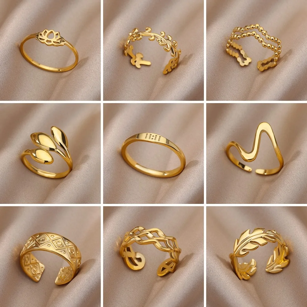 

Stainless Steel Twist Chain Adjustable Rings for Women Men Simple Geometric Leave Flower Open Ring Jewelry Female Holiday Gifts