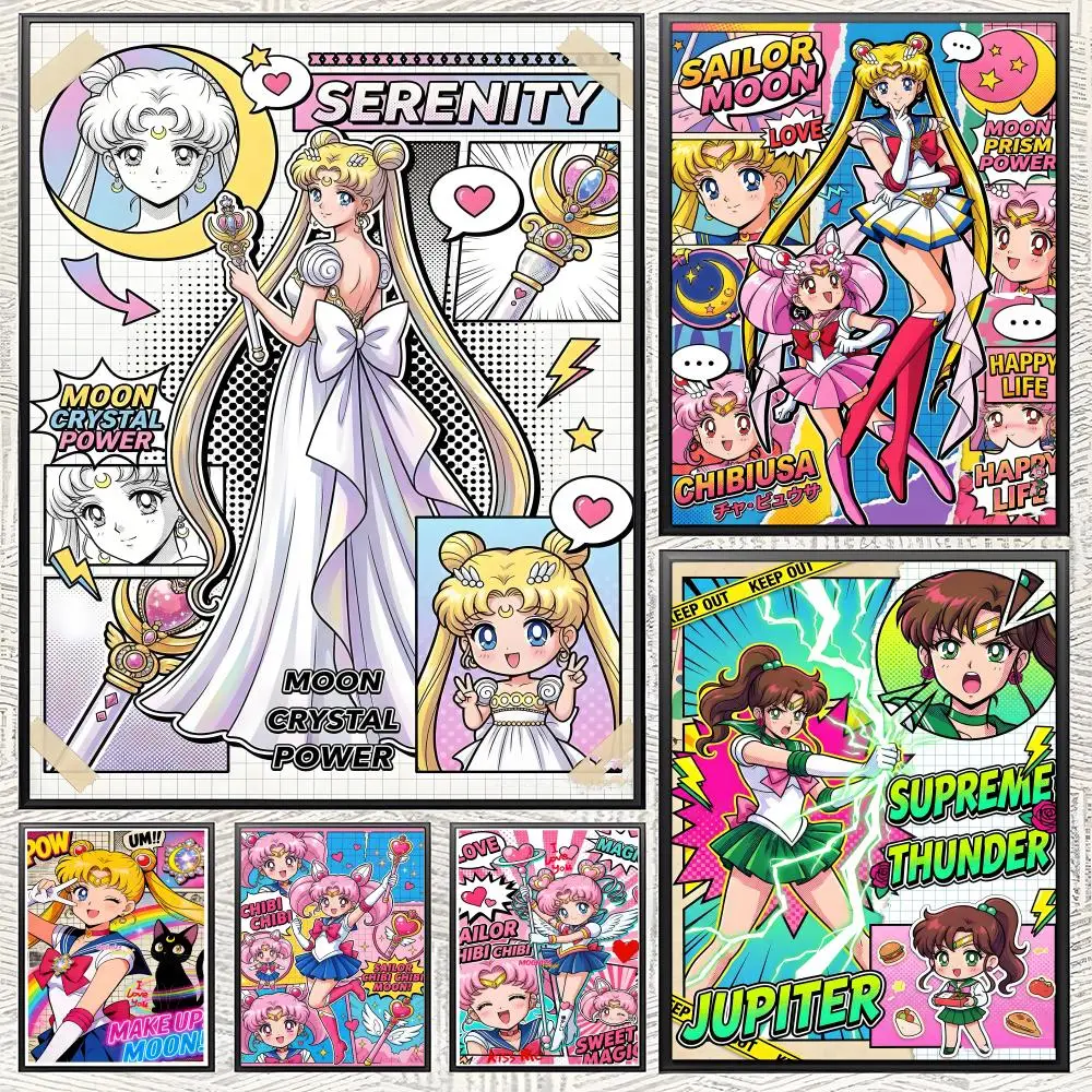 Anime S-Sailor M-Moon Poster, selbstklebender Papierdruck, für Zuhause, Wohnzimmer, Schlafzimmer, Eingang, Bar, Café, Kunst