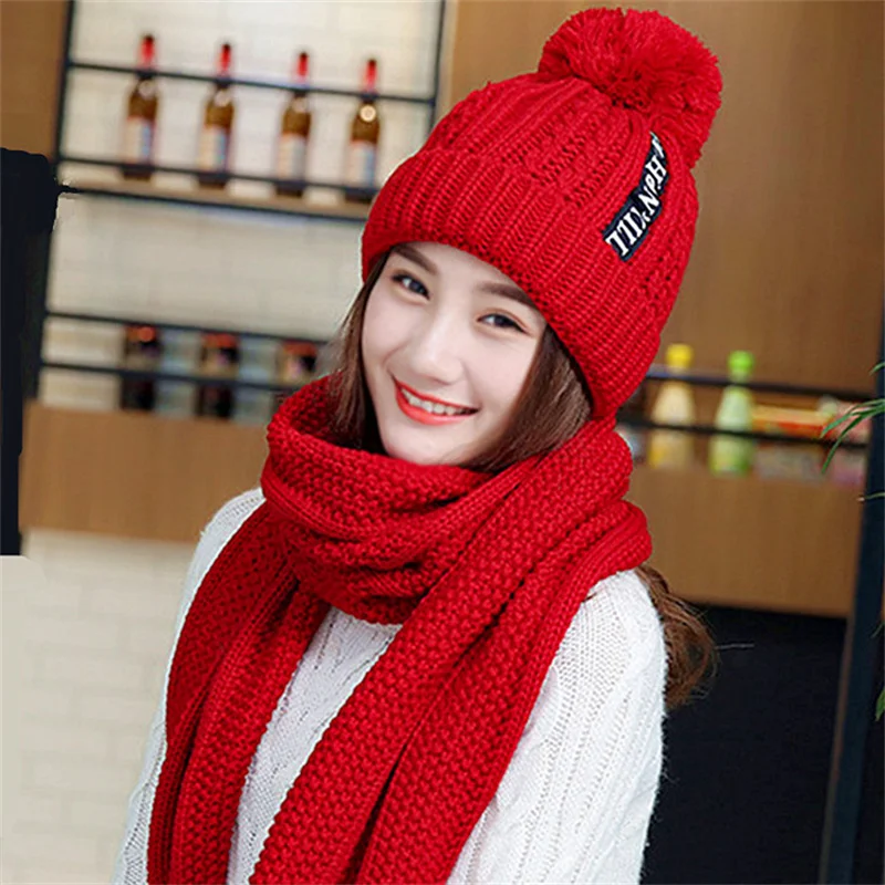 Winter Knitted Scarf Hat Set Thick Warm Skullies Beanies Hats for Women Outdoor Cycling Riding Ski Bonnet Caps Scarf