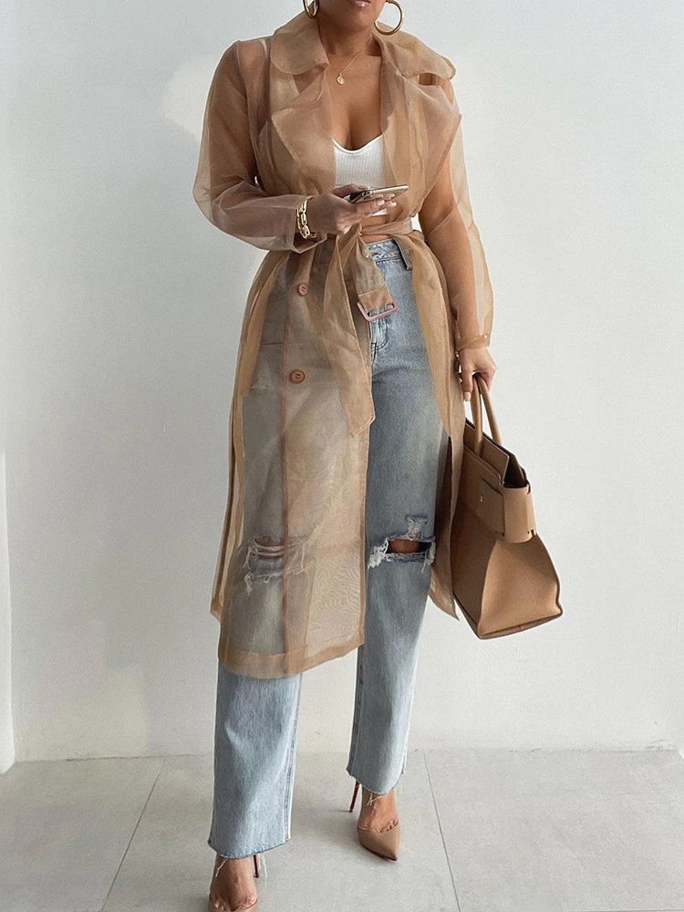 Fashion Women See Through Outdoor Tops Lace Up Spring Solid Sheer Mesh Long Sleeve Buttoned Coat With Belt Elegant Shirts 2023