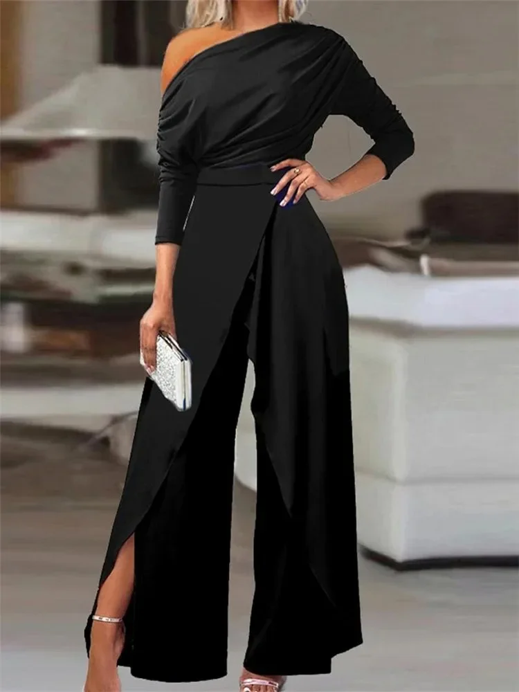 

Elegant Jumpsuits for Women Spring New Plain Elegant Office Lady Loose Ruched Cold Shoulder Split Hem Wide Leg Jumpsuit OFE04