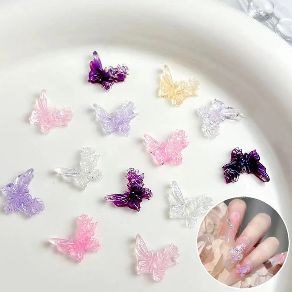 50pcs Flower Butterfly Nail Art Charms 3D Resin Aurora Ice Transparency Bow Nail Decorations Rhinestones DIY Jewelry Accessories