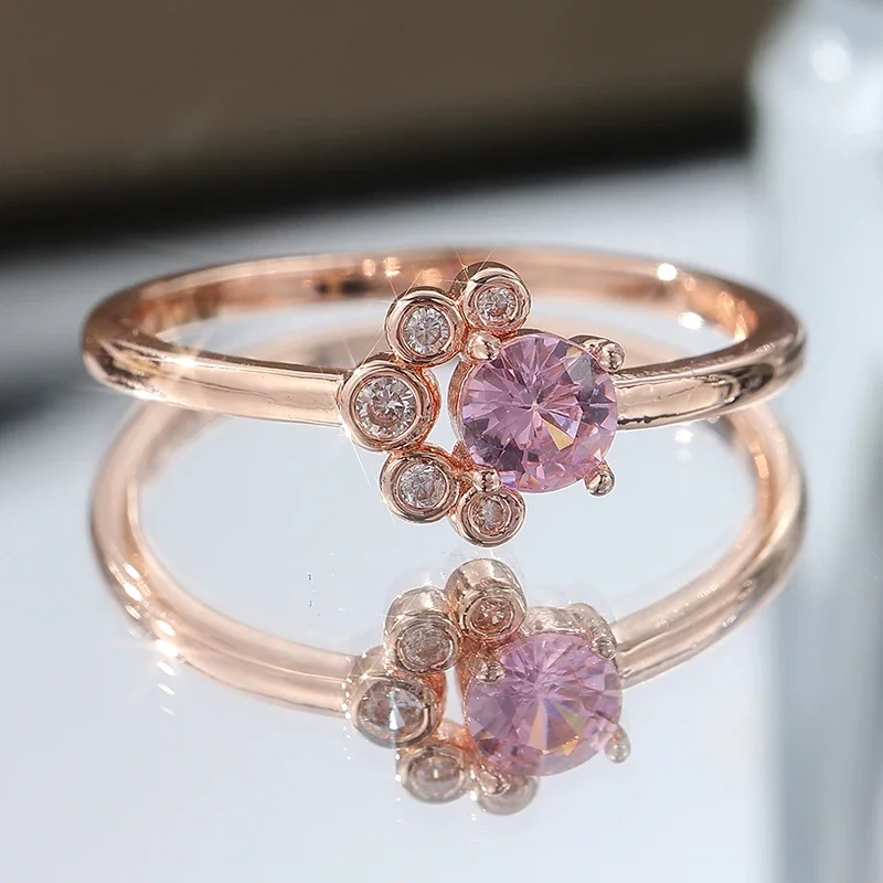 Elegant Luxury Pink Synthetic Zirconia Rose Golden Eternal Ring for Women Fashion Romantic Wedding Anniversary Jewelry Accessory