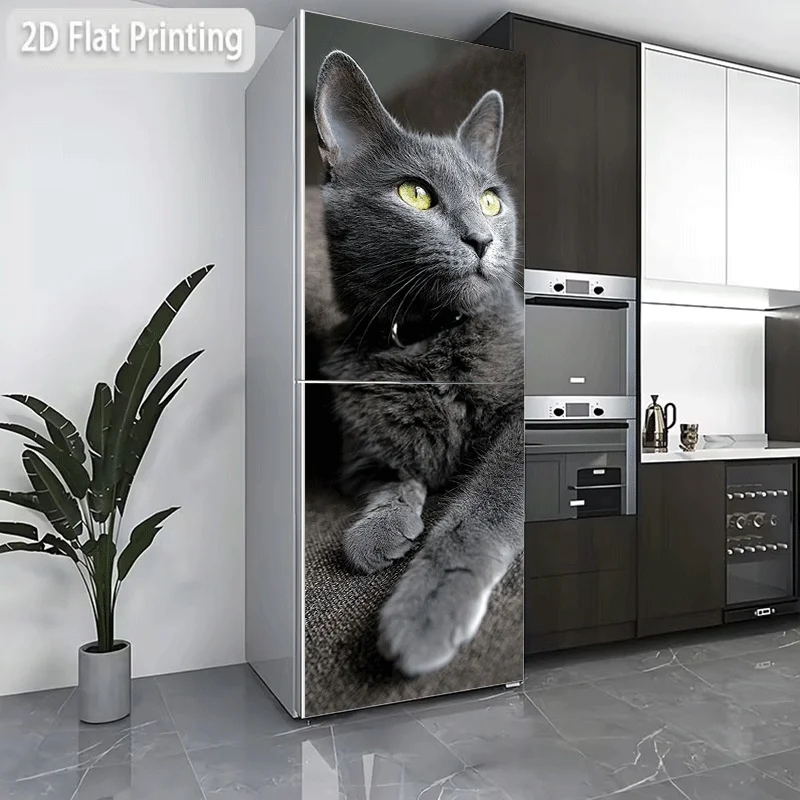 Refrigerator Sticker  Gray-Eyed Contemplation, Gray Cat Gazing Into The Distance, Soft Velvet Gray Shadow, Mysterious Gray Kit
