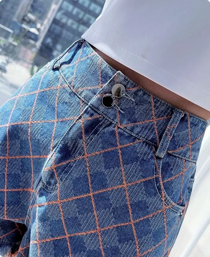 Pantaloncini di jeans scozzesi a vita alta Donna Estate Semplicità Office Lady Pantaloncini dritti casual allentati a gamba larga