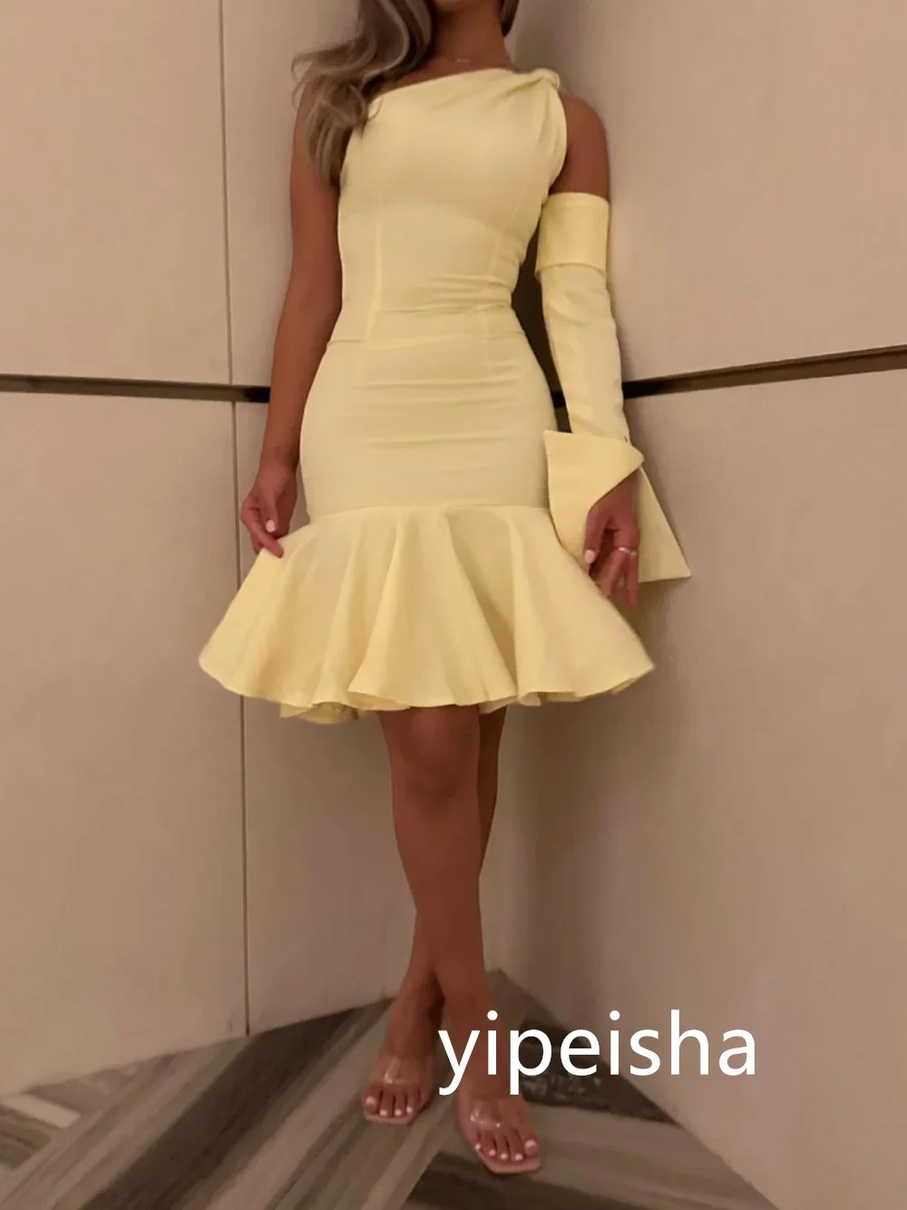 Customized Fashion Jersey Pleat Mermaid One-shoulder Knee Length Dresses Evening Dresses Classic Exquisite Modern Style Pastrol  image 2